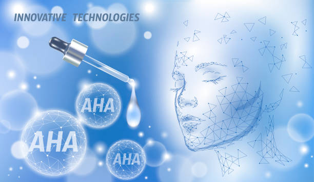 Skincare technology concept illustration with serum pipette, geometric face outline, and AHA molecules on a blue background